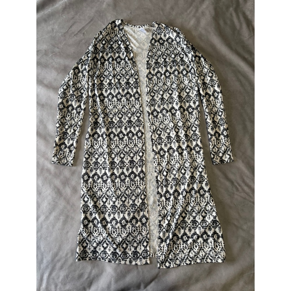 Image Black White Geometric Ikat Print Open Front Longline Duster Cardigan 34